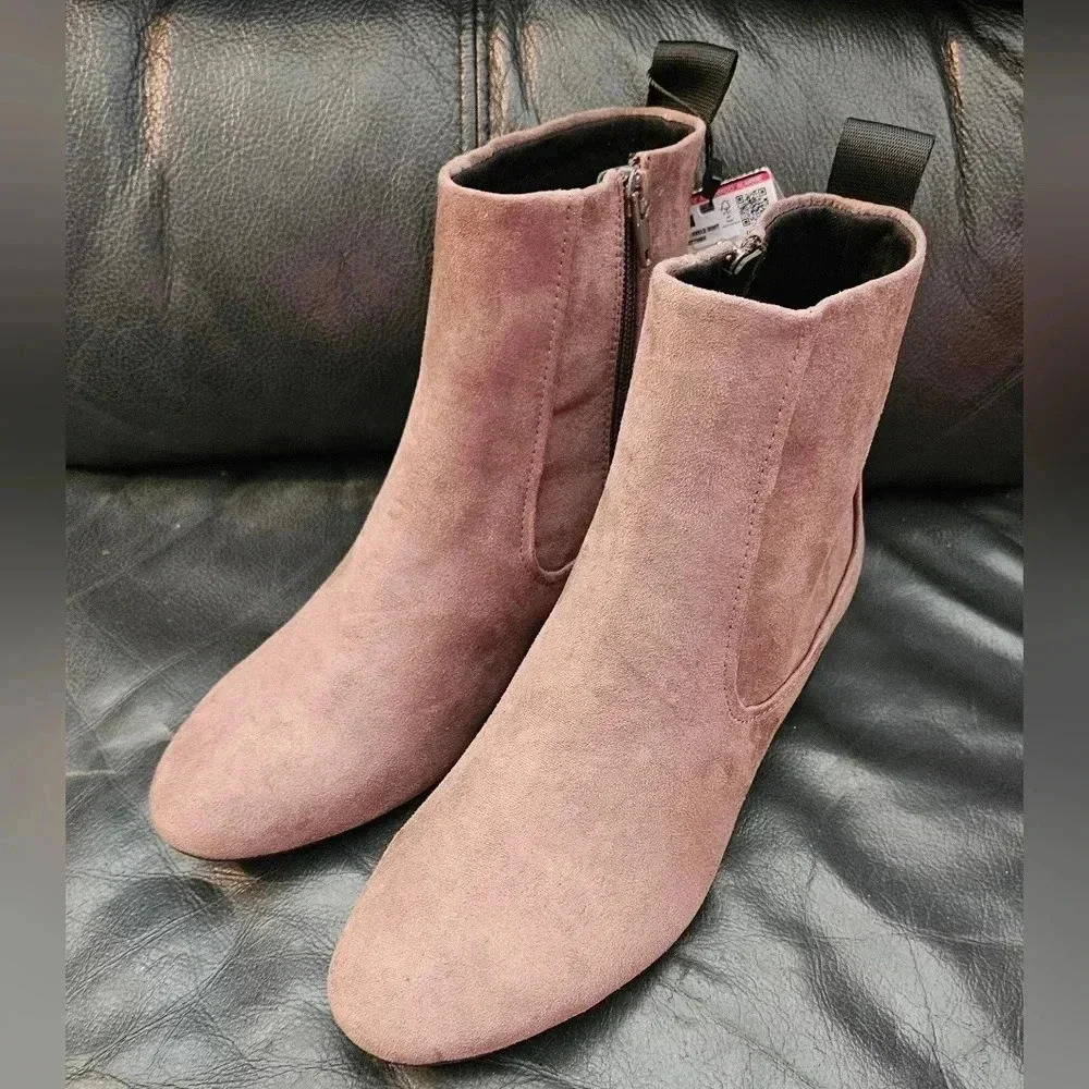 Zara Faux Suede Ankle Booties  Chesnut Size 7 US Zipper NWT - Picture 2 of 9